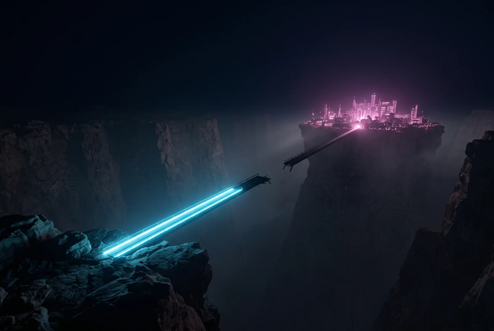 A narrow bridge of light reaching toward a distant glowing city, broken and dark at its midpoint