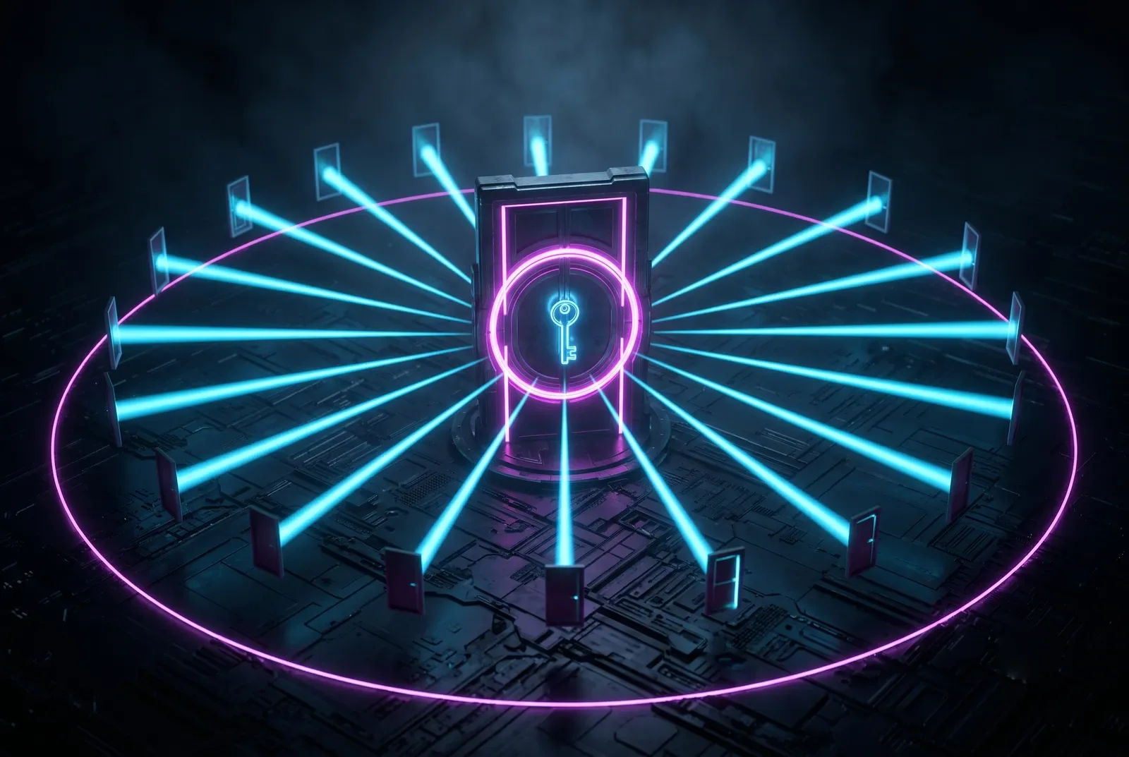 A single central gate ringed by a second concentric seal radiates beams of light to a circle of app-doors inside a glowing perimeter.