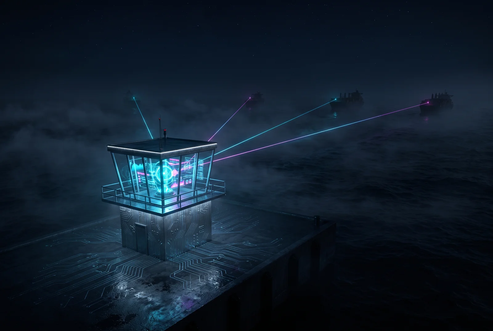 A lone illuminated harbour pilot station on a dark sea, thin beams of cyan and magenta light reaching out to distant vessels — the charts and keys stay at the station, the ships only transit past it.