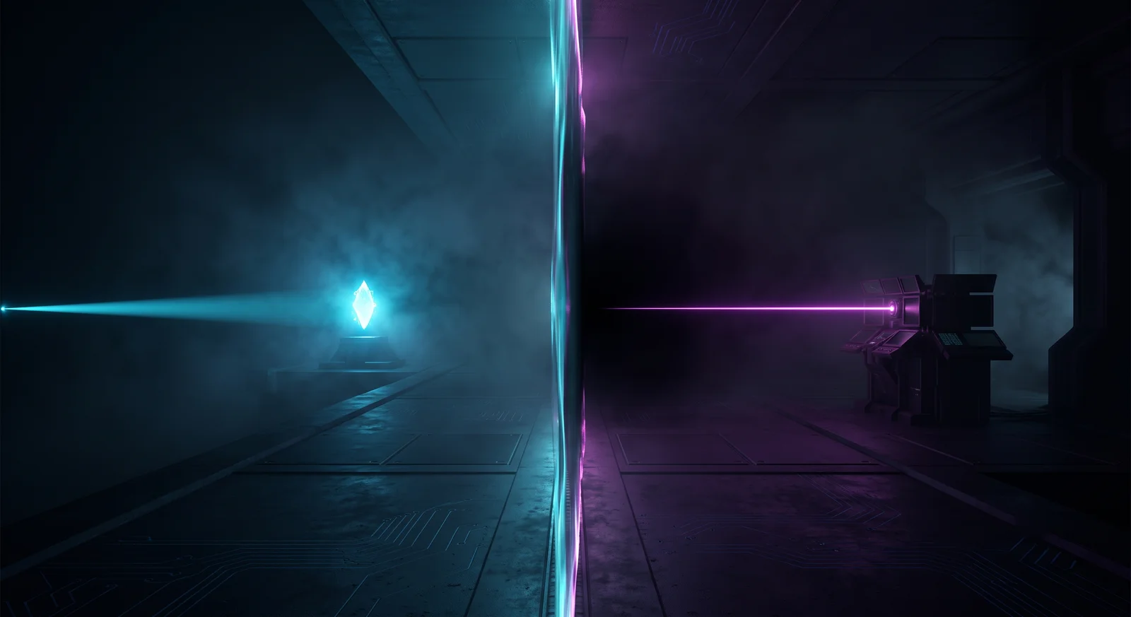 A sealed structure split by a translucent wall: a glowing proof-token sits in the open on the outside where a distant beam finds it, while an identical vantage on the inside looks toward the same spot and sees nothing.