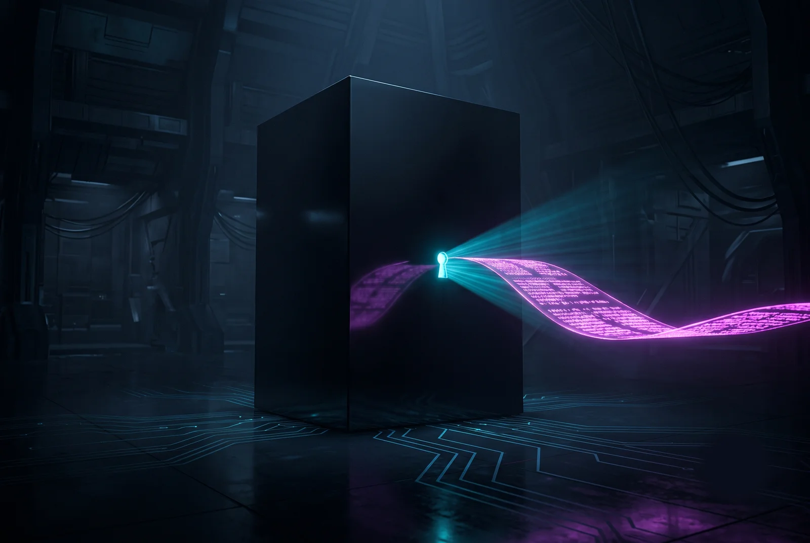 A sealed obsidian machine with a single structured API port of light