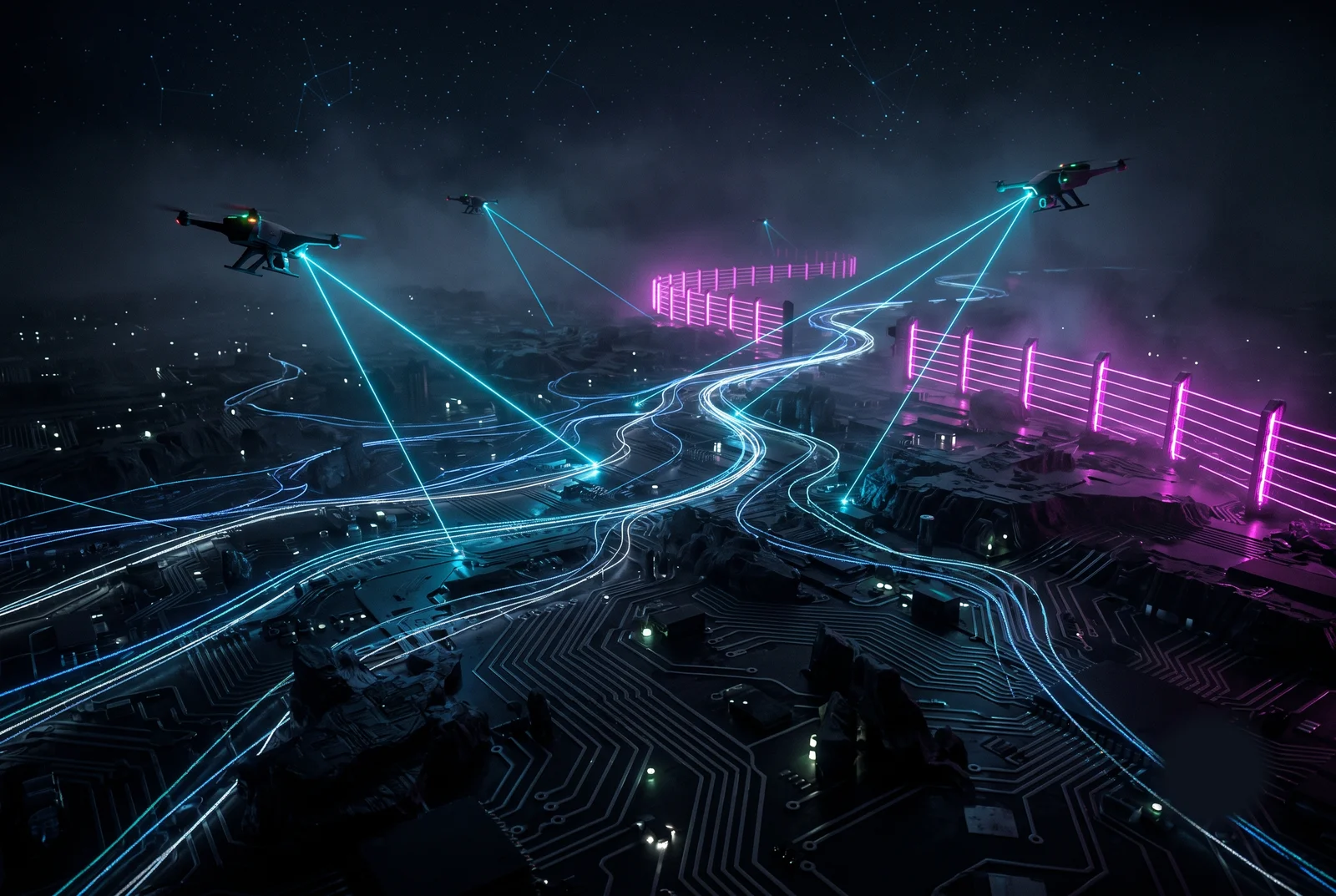 A dark reserve at night, instrument beams tracing animal paths before any fence exists
