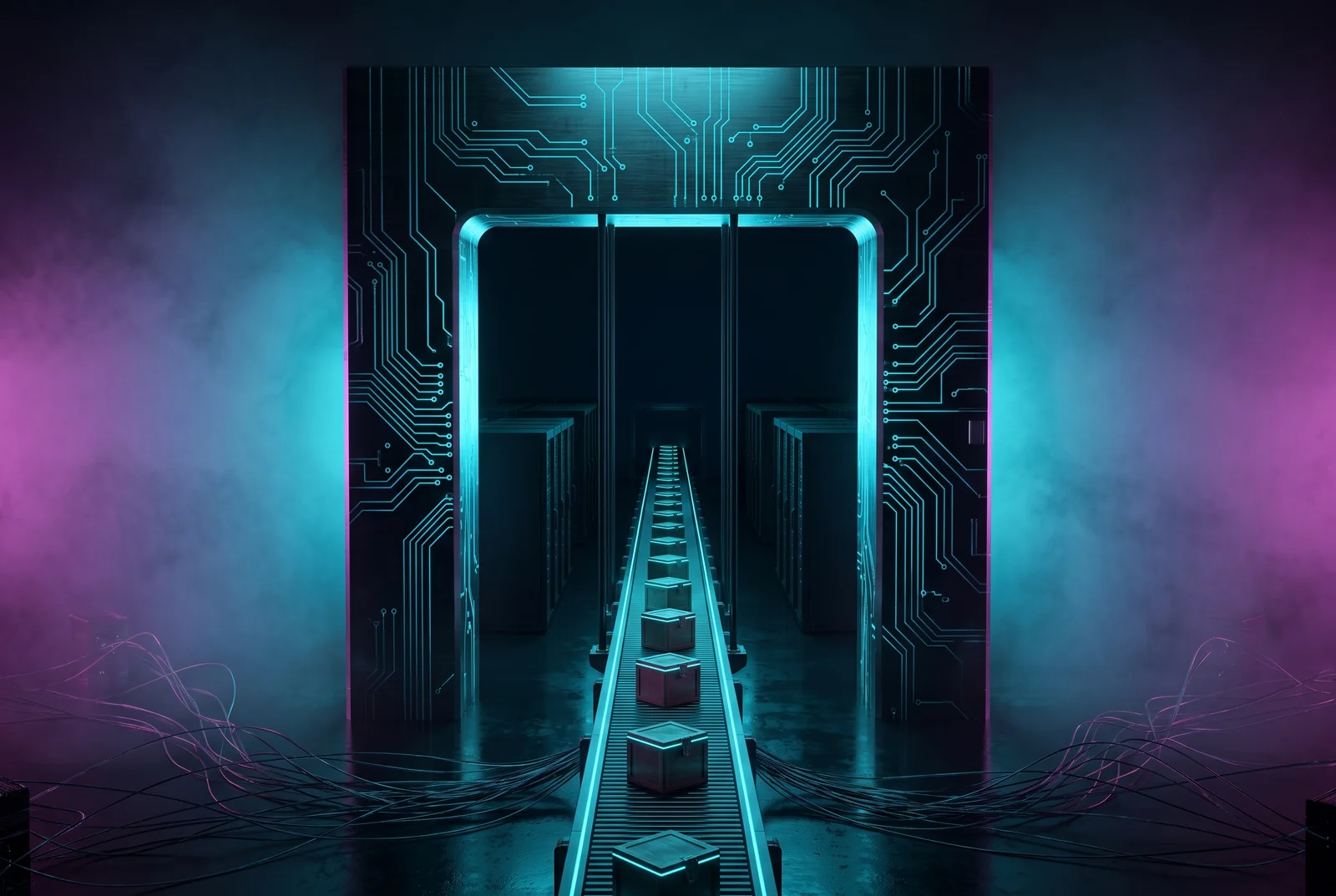 A single monumental customs gate channelling a conveyor of sealed crates into rows of dark server racks