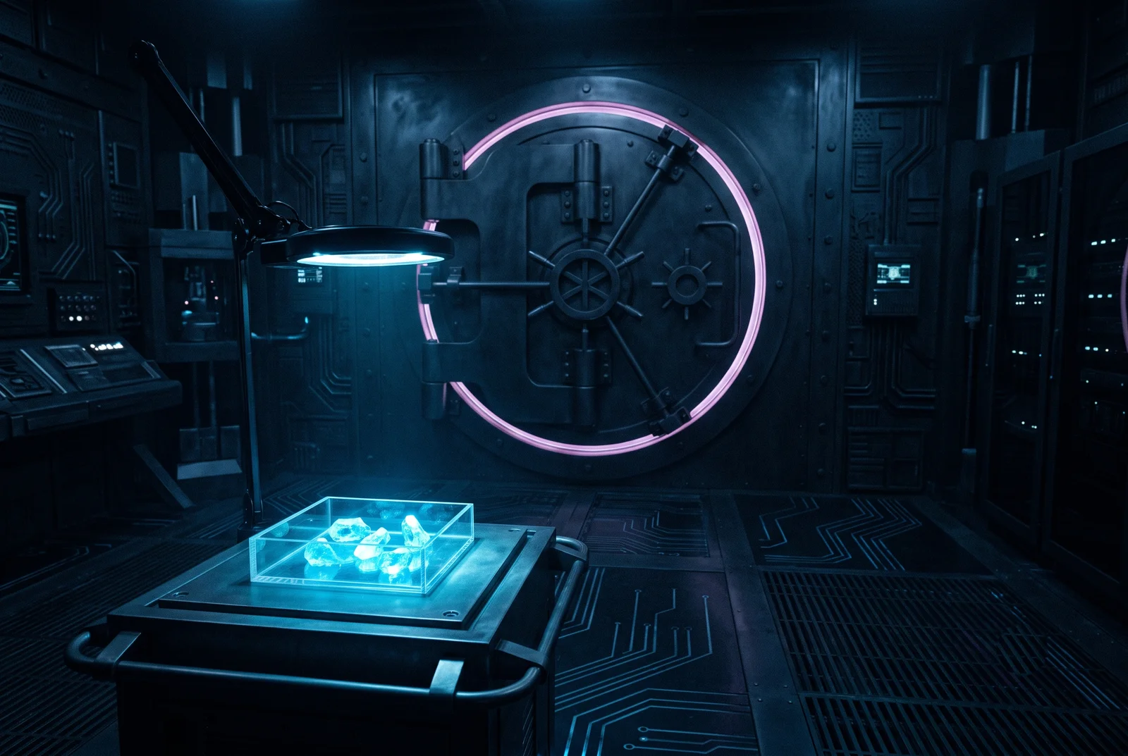 A dim vault with a small tray of retrieved data-crystals under an examination lamp — the proof is what was brought back OUT, not what sits sealed inside.