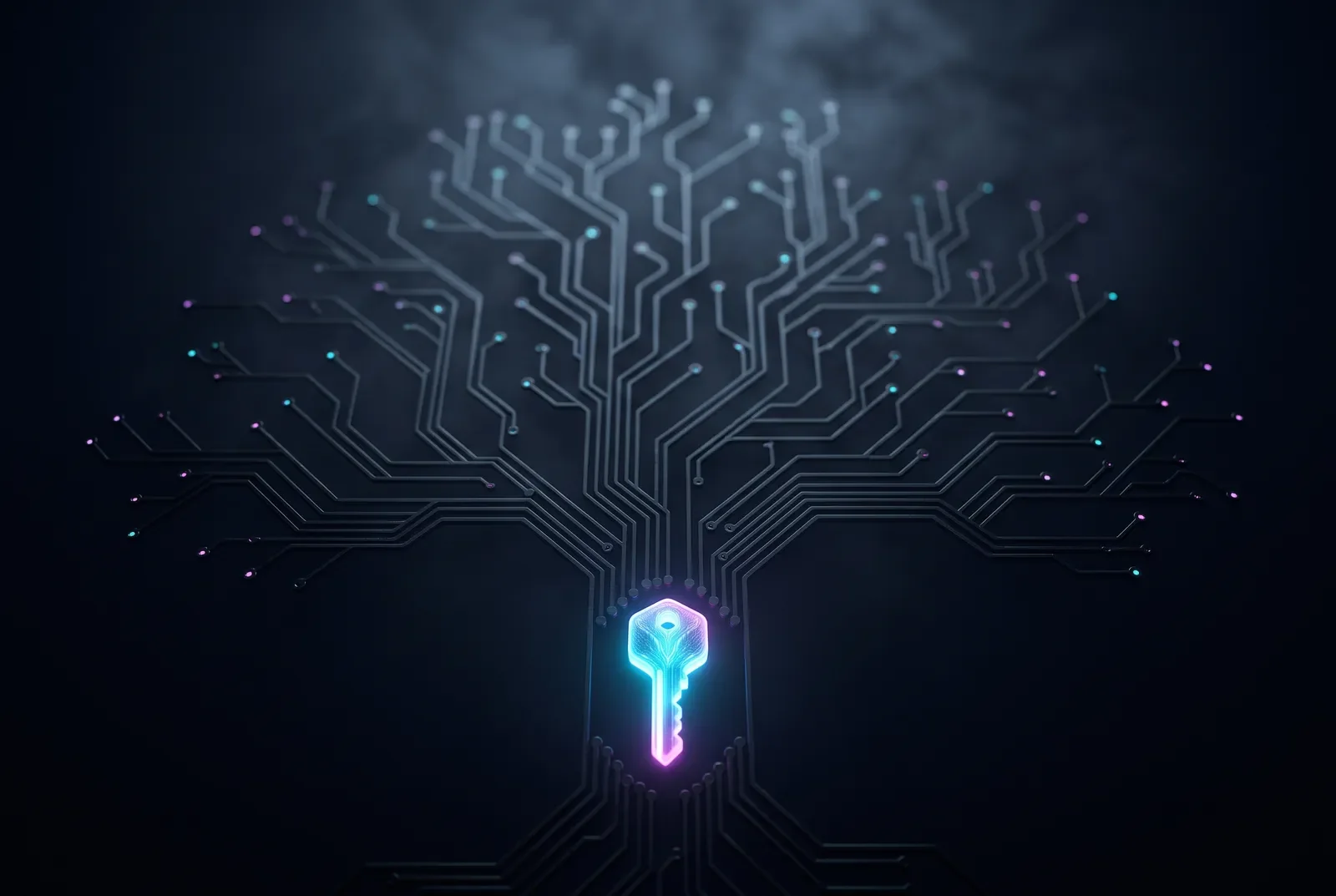 A single glowing seed-shaped key at the base of a dark circuit-board tree whose traces branch upward into hundreds of faint nodes, all drawing their glow from that one source.