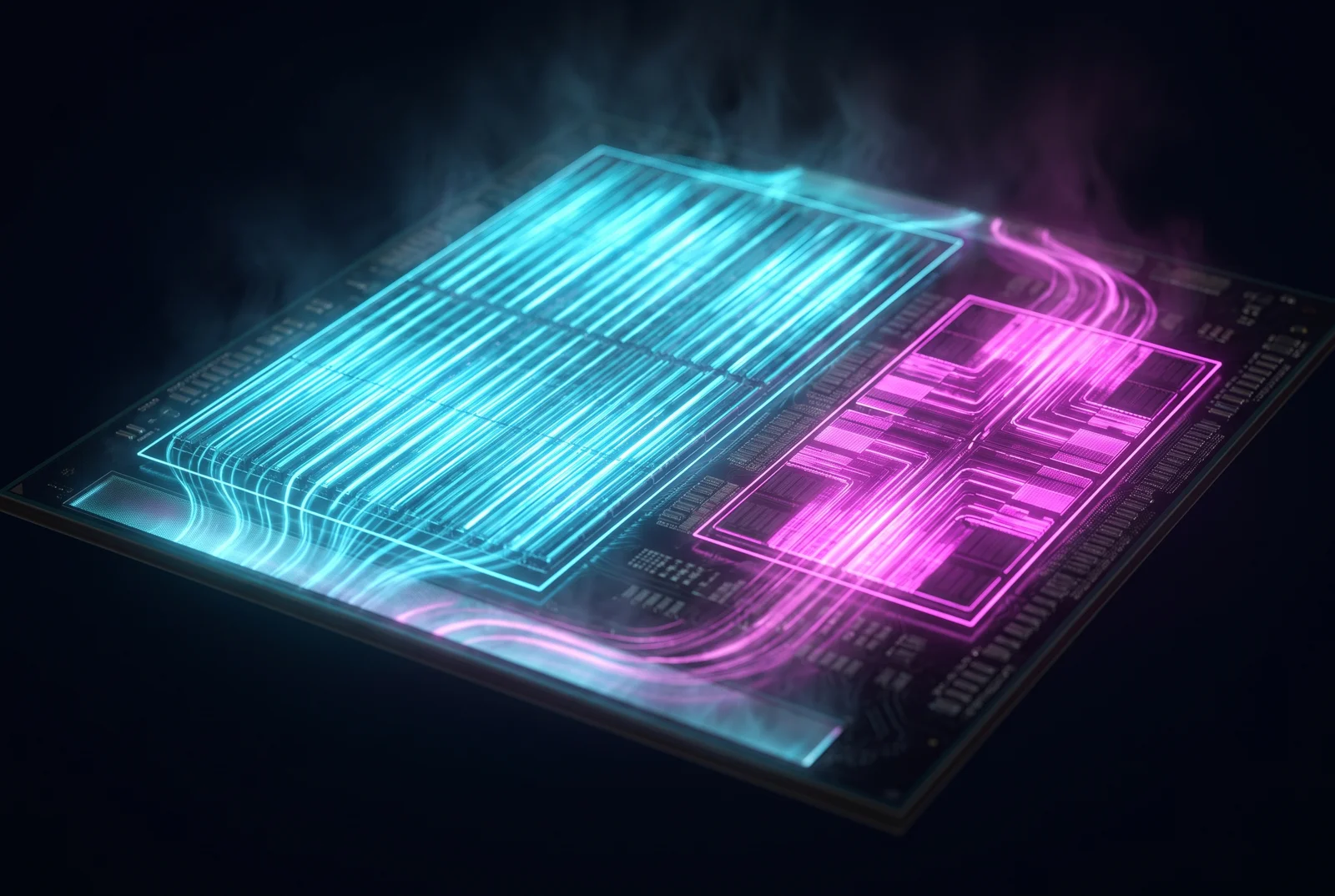 A single GPU die lit as two distinct lanes - compute cores one side, the video-encode block the other