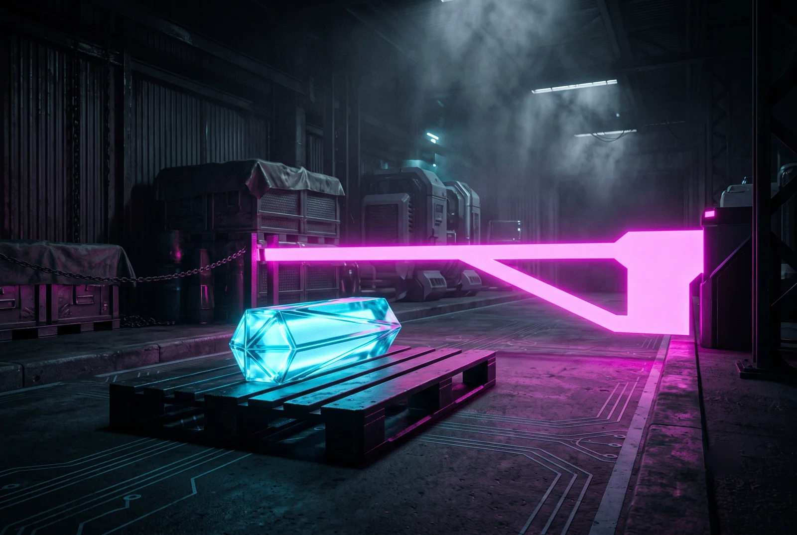 A finished object on a loading dock behind a lowered barrier of light that seals the way out