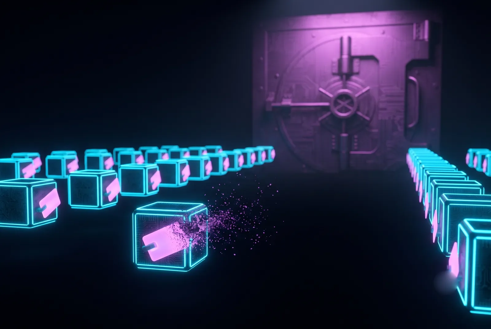 Rows of glowing cube-pods each clutch a keycard, facing a sealed vault door none of them open; one keycard dissolves into particles, revoked.